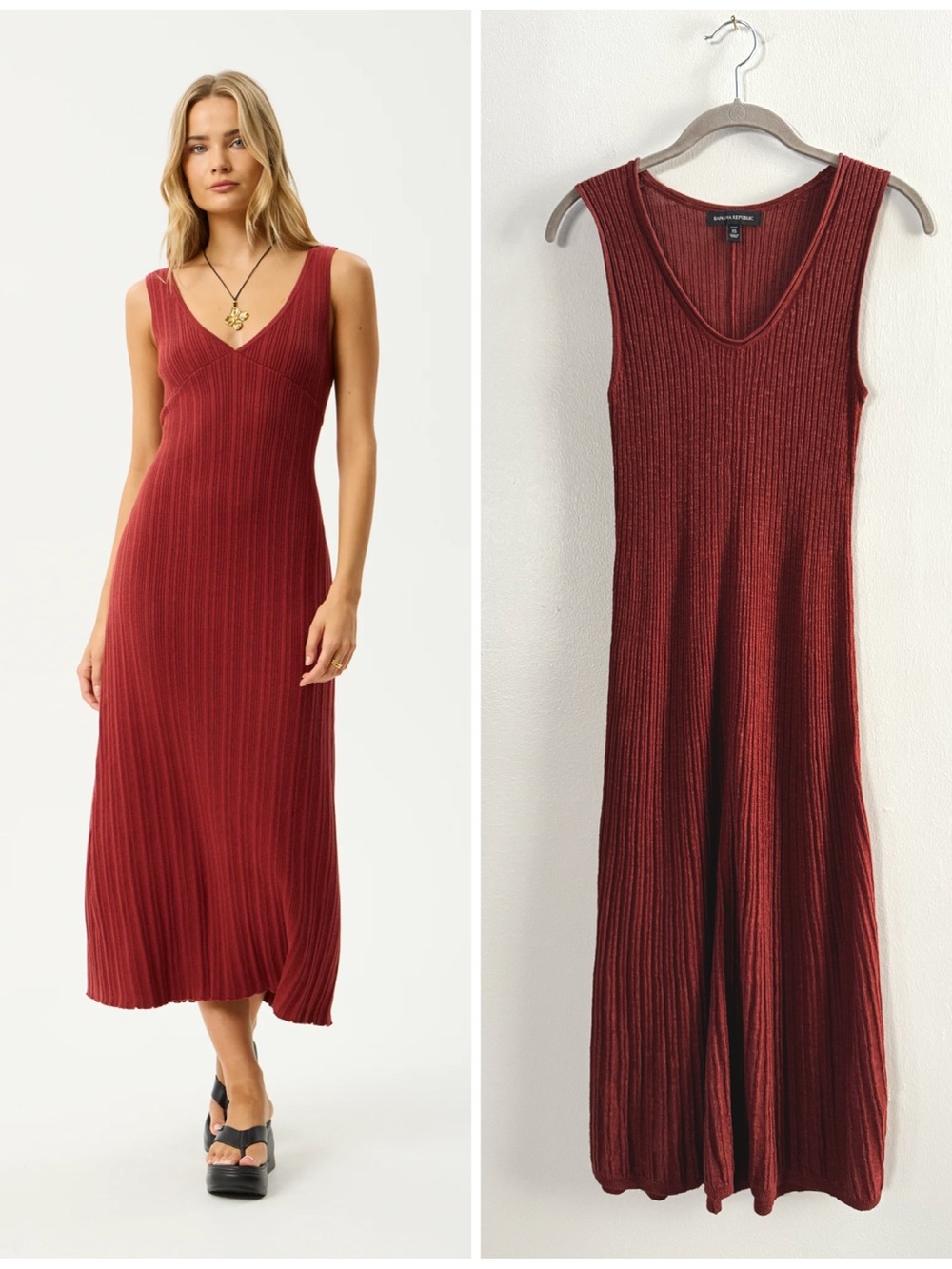 Banana Republic 90’s Y2K ribbed knit v-neck tank dress XS Red Rust Brown Orange